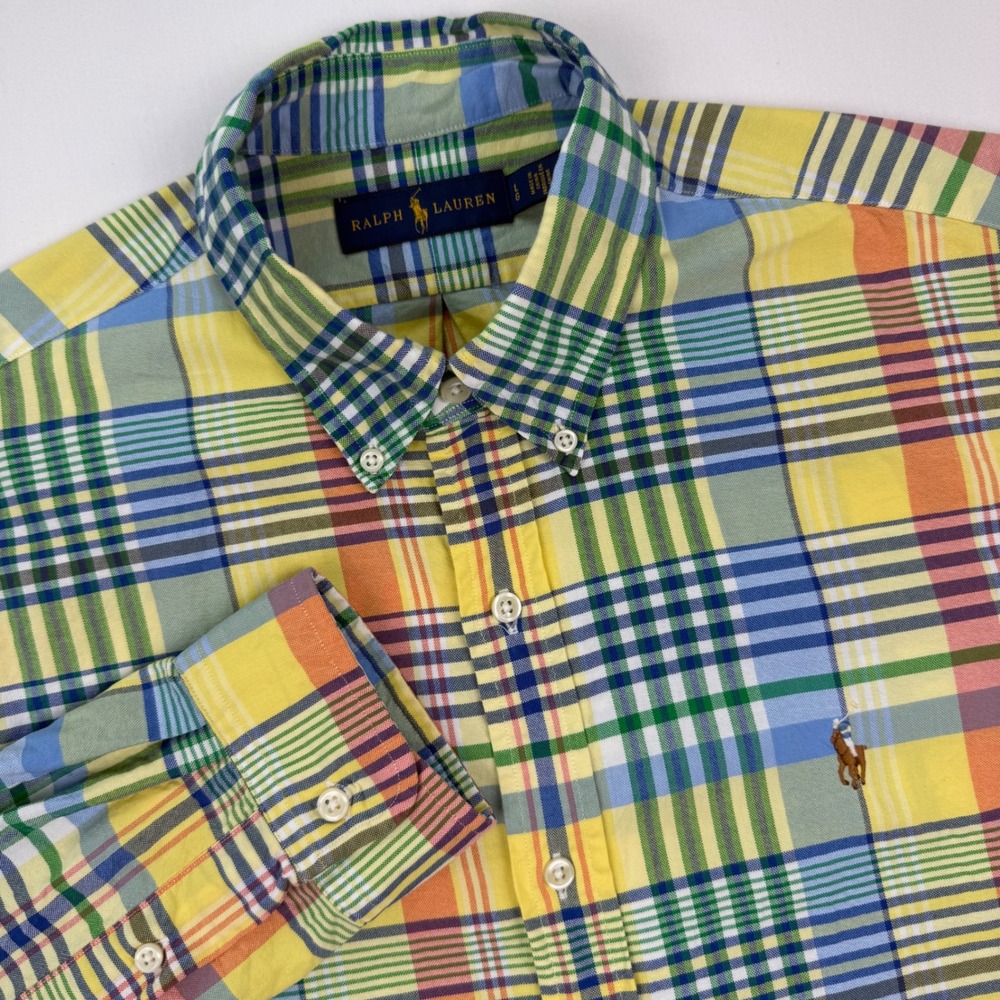 Ralph Lauren Mens Large Plaid Button Down Shirt Yellow Blue Multi Color Cotton